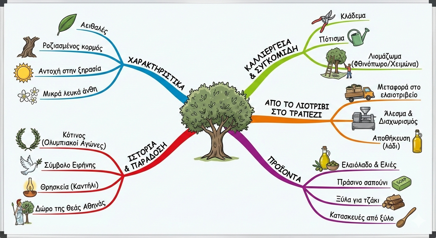 Η εικόνα αυτή αποτελεί ένα σχεδιάγραμμα για το φυτό ελιά. Επισημαίνει τα σημαντικά στοιχεία του μαθήματος. Συγκεκριμένα, χωρίζεται σε πέντε κομμάτια. Πρώτο τα χαρακτηριστικά του φυτού, δεύτερο την ιστορία και την παρ'αδοση του φυτού, τρίτο καλλιέργια και συγκιμιδή, τέταρτο από το λιοτρίβι στο τραπέζι και πέμπτο τα προιόντα.
