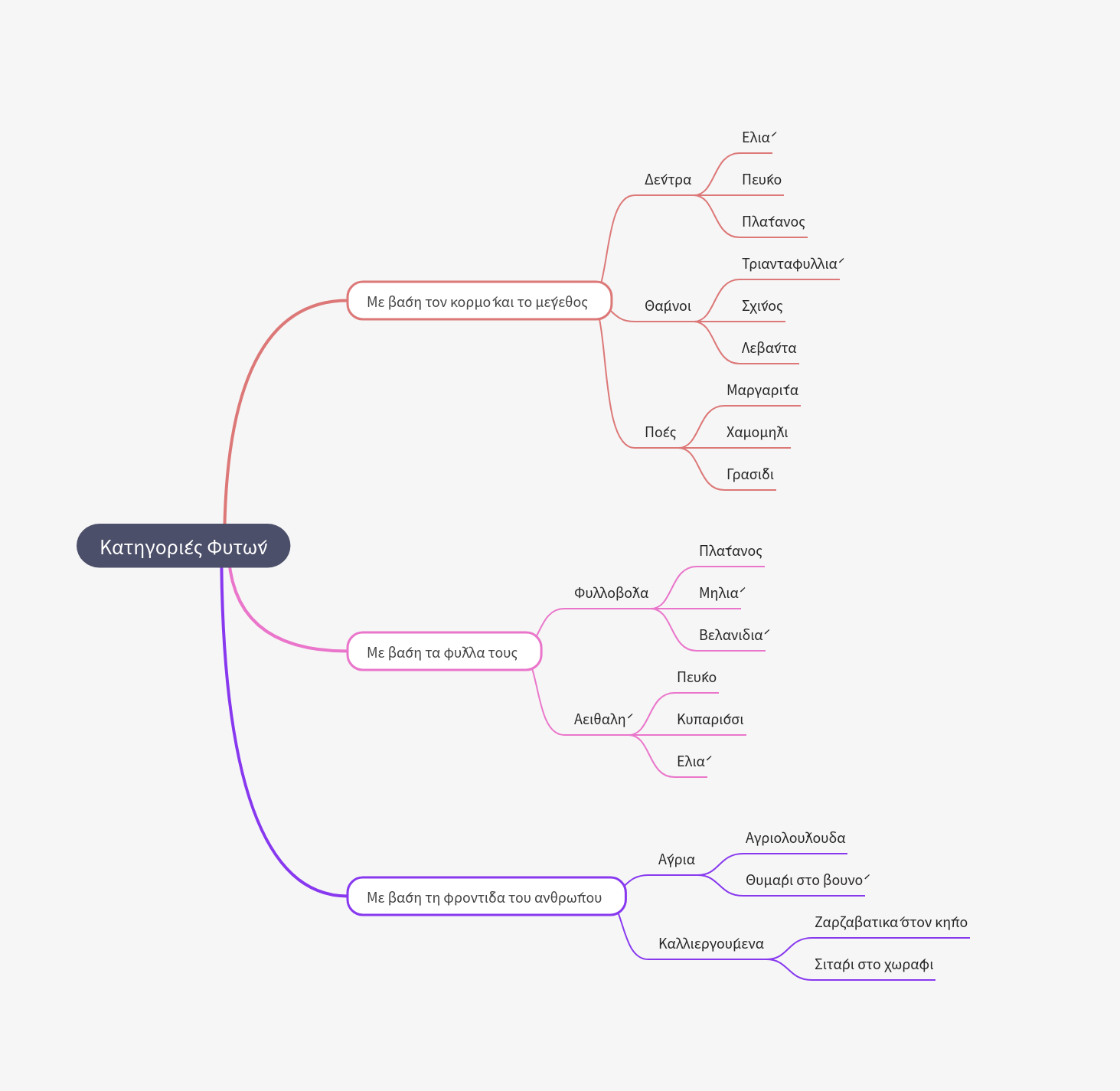 Πρόκειται για έναν νοητικό χάρτη που ταξινομεί τις κατηγορίες των φυτών σε τρεις άξονες: ανάλογα με τον κορμό και το μέγεθός τους, τον τύπο των φύλλων τους και το αν δέχονται ανθρώπινη φροντίδα. Η εικόνα χρησιμοποιεί χρωματικούς κλάδους για να οργανώσει παραδείγματα όπως δέντρα, θάμνους, αειθαλή και καλλιεργούμενα είδη με τρόπο ευανάγνωστο.